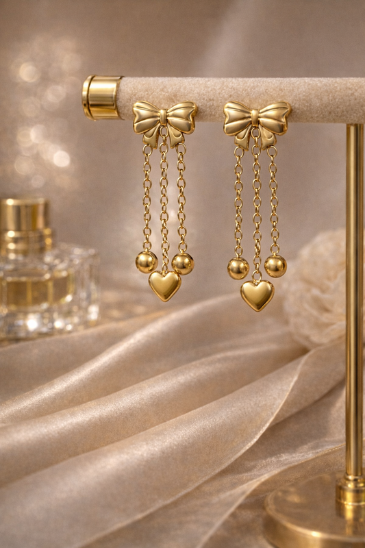 Bow Heart Drop Earrings| 1 year Anti-Tarnish Guarantee |