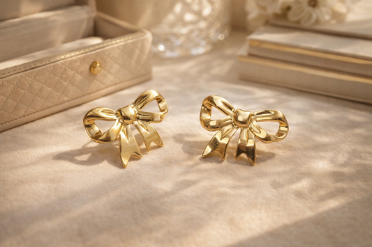 Golden Bow Stud Earrings | 1-Year Anti-Tarnish Guarantee | Korean Style |