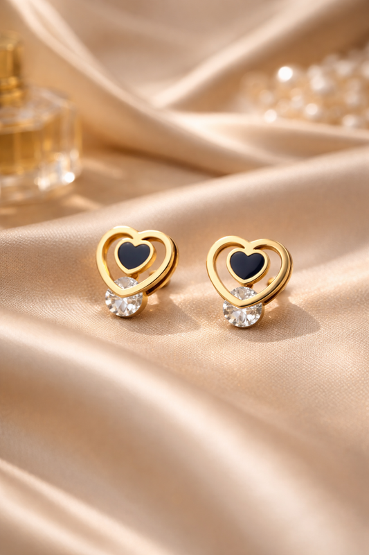 Double Heart Stud Earrings Black & Gold | 1 year Anti-Tarnish Guarantee|