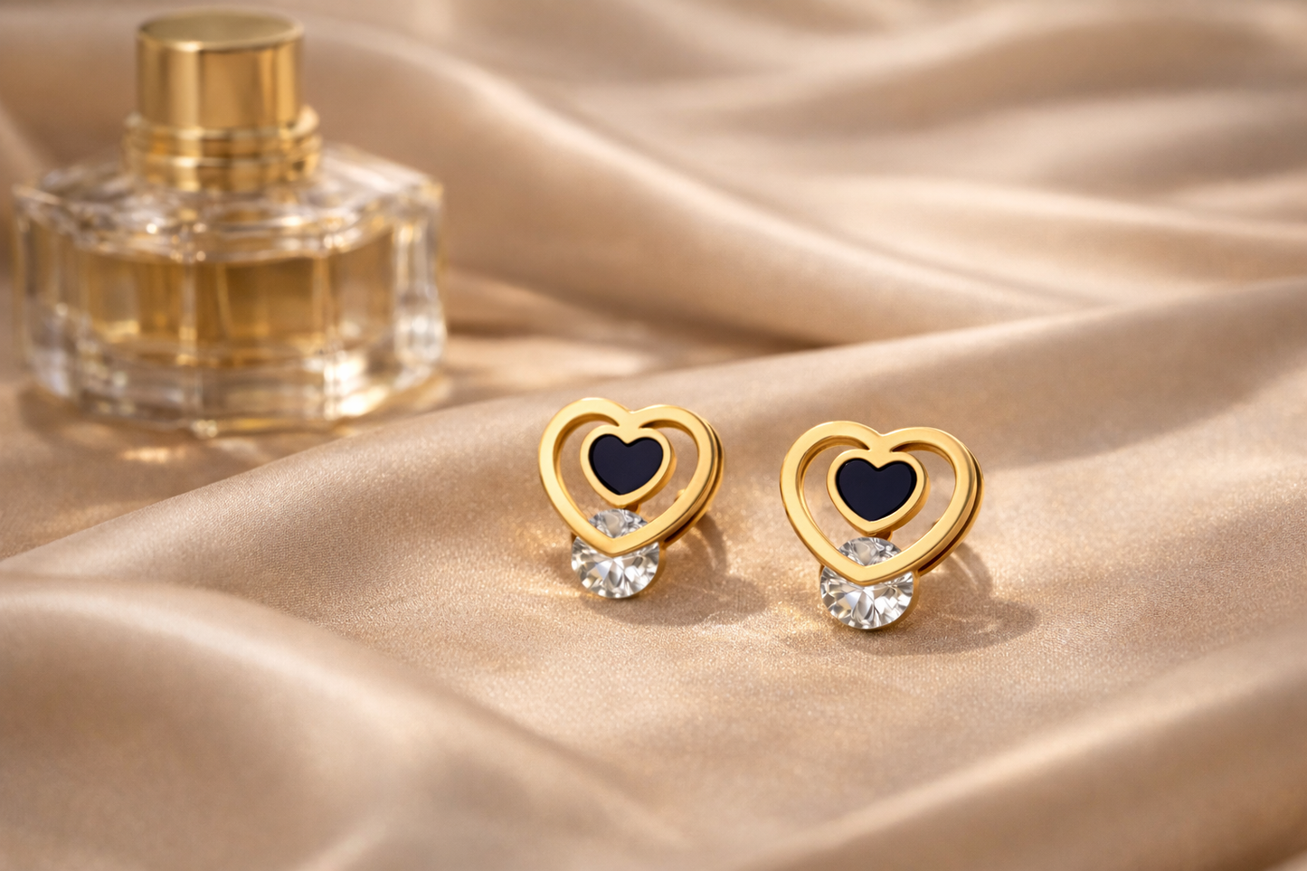 Double Heart Stud Earrings Black & Gold | 1 year Anti-Tarnish Guarantee|
